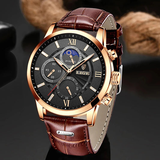 2025 New Mens Watches LIGE Top Brand Luxury Leather Casual Quartz Watch Men's Sport Waterproof Clock Watch Relogio Masculino+Box