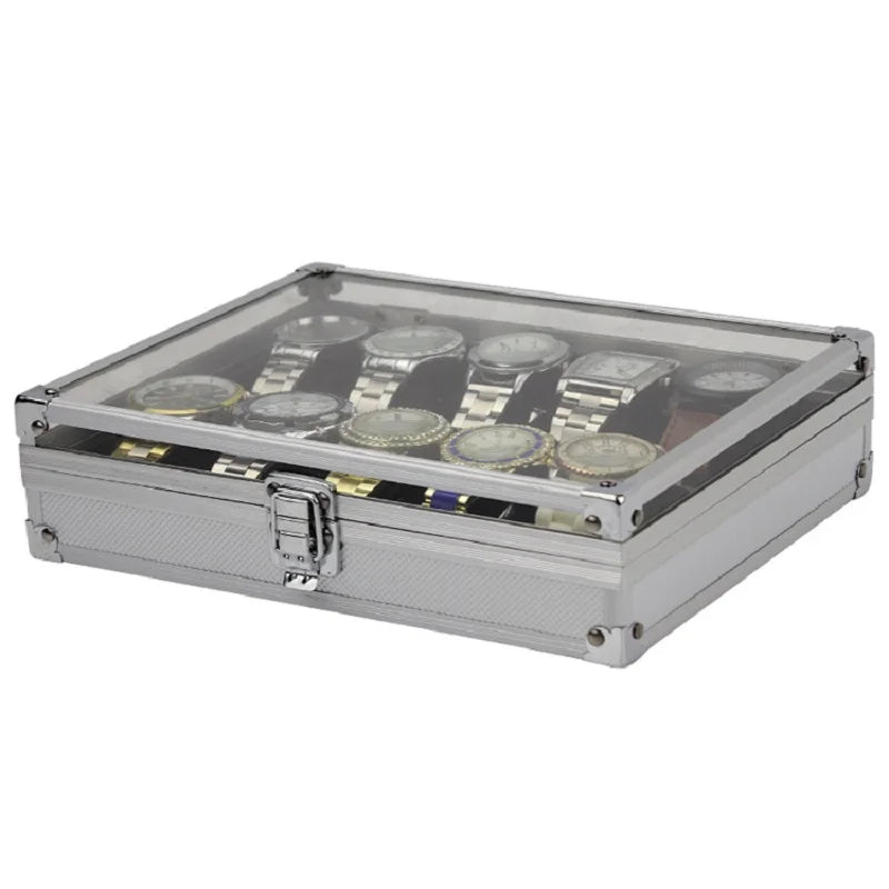 VANSIHO  Aluminum Watches 6/10/12 Grids Suitcase With Glass Window Watch Storage Aluminum Case  Watch Box Organizer For Men