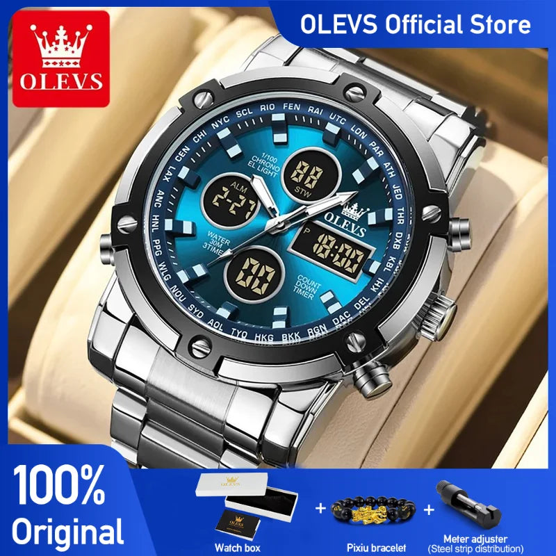 OLEVS Men's Multifunction Watch – Waterproof Stainless Steel Analog-Digital Timepiece
